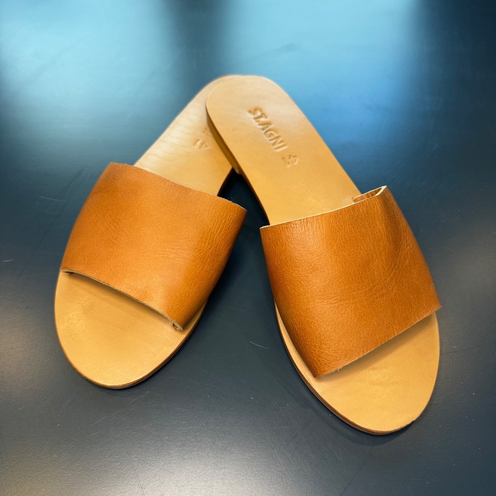 St. Agni Women 10.5 EU 41 Tan Leather Slide Sandals Flat Minimalist Handcrafted - Picture 5 of 10